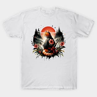 Sumie Floral Ginger Cat Samurai Warrior In Forest T-Shirt